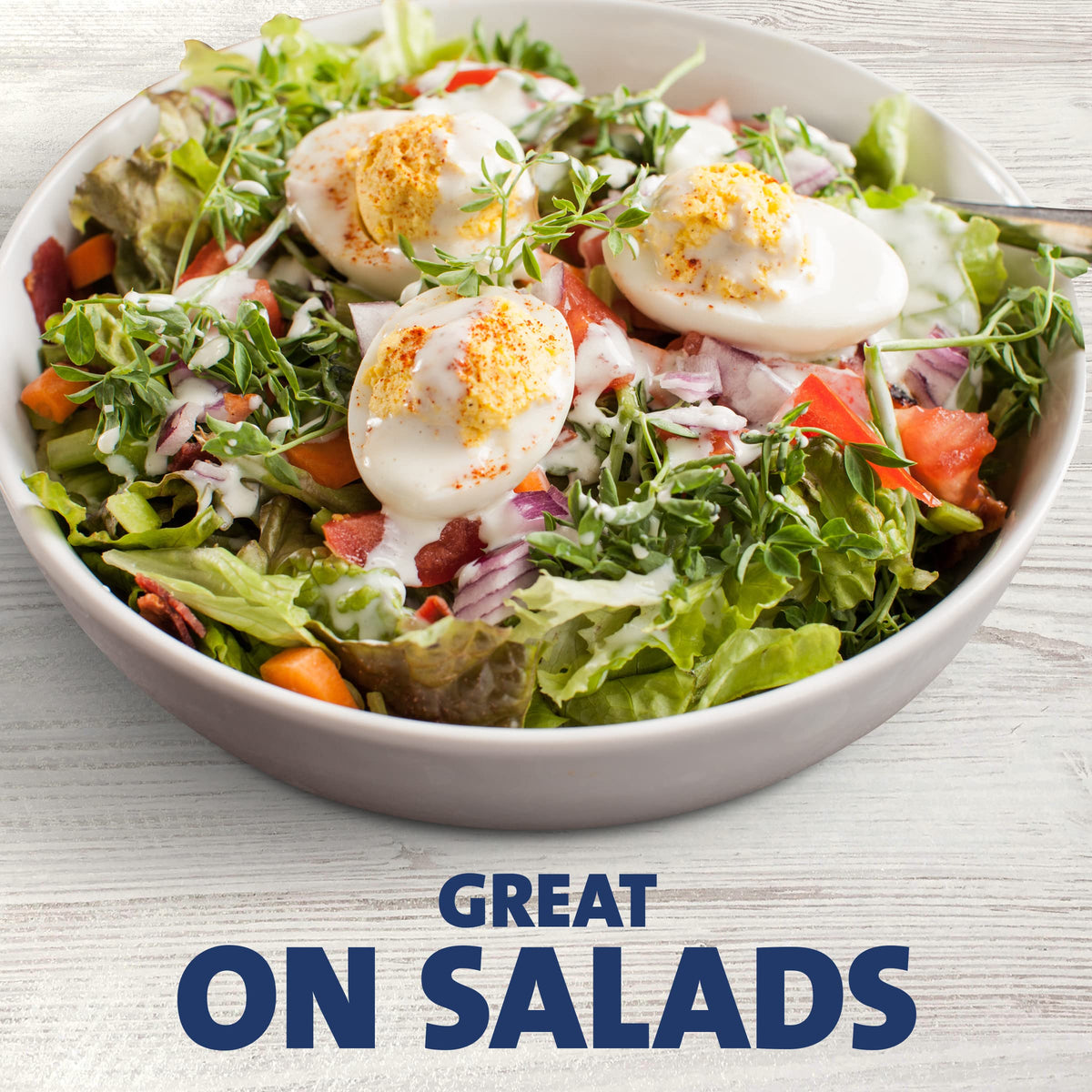 Good Seasons Kraft Ranch dressing on burger topping adds creamy, flavorful finish.