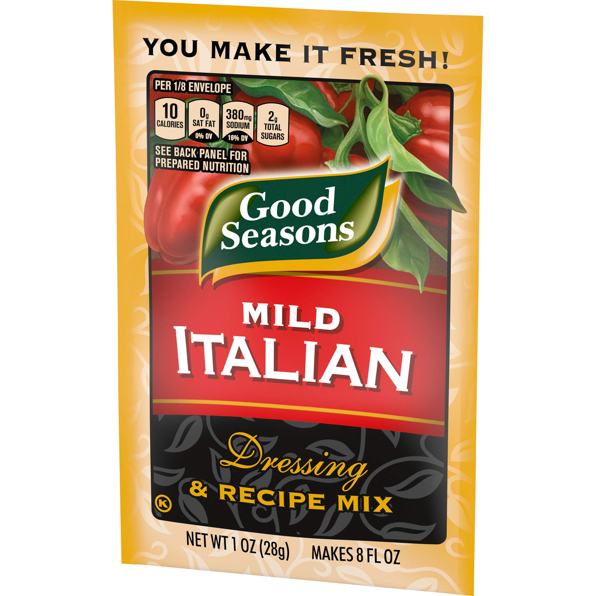 Good Seasons Mild Italian dressing in a bowl, ready to flavor salads.