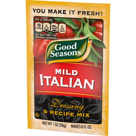 Good Seasons Mild Italian dressing in a bowl, ready to flavor salads.