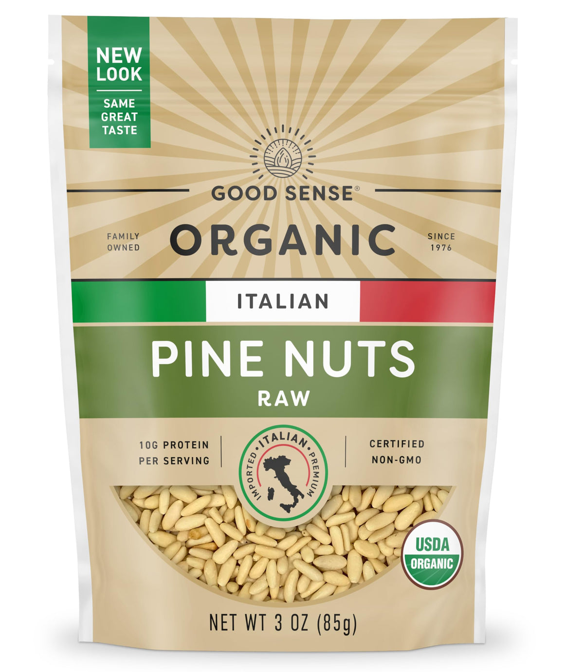 Good Sense Organic Italian Pine Nuts pack shows premium quality and versatility for salads