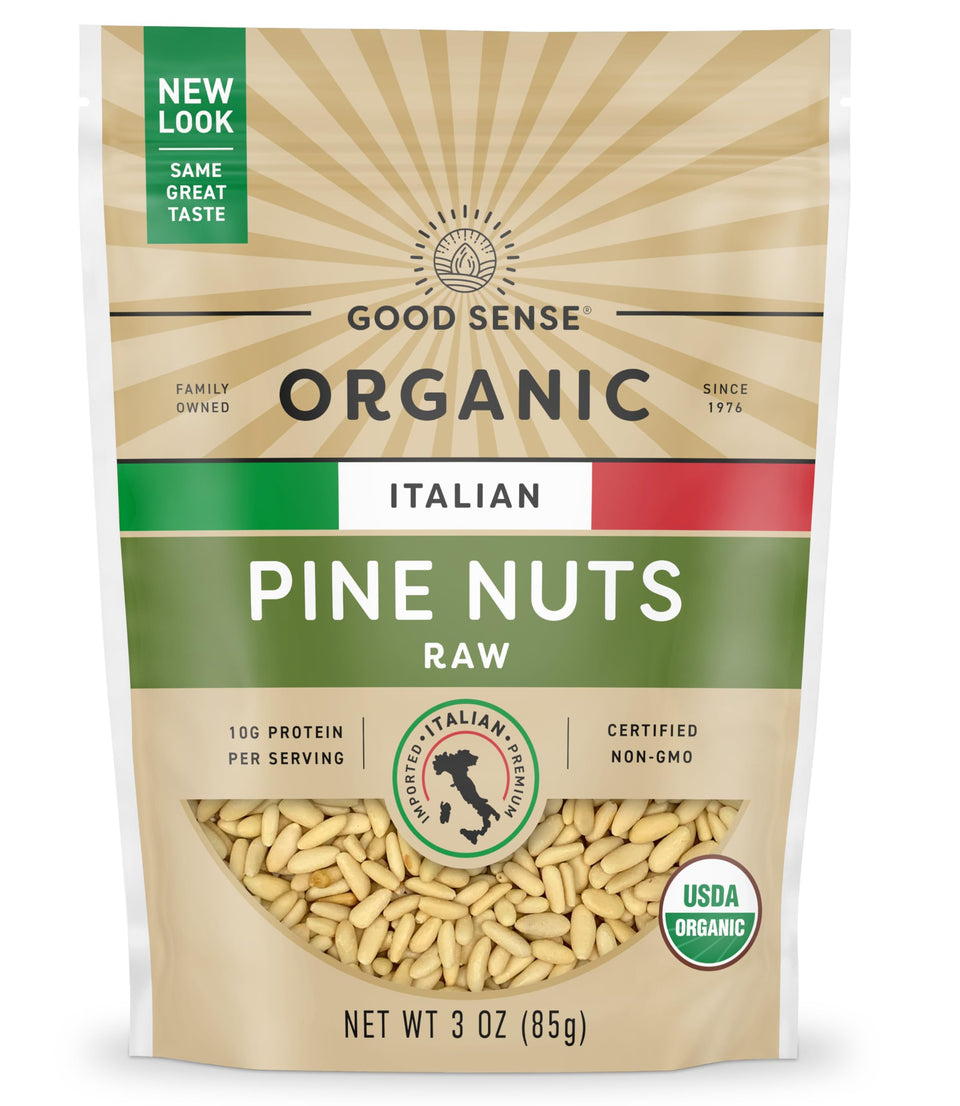 Good Sense Organic Italian Pine Nuts pack shows premium quality and versatility for salads