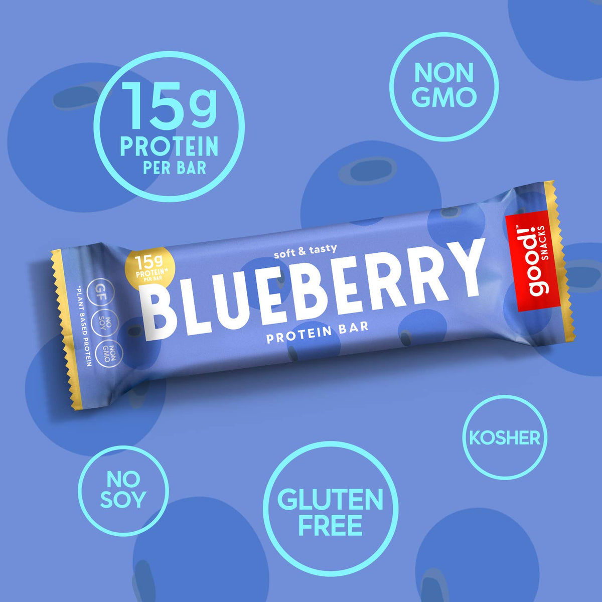 good! Snacks Blueberry Protein Bar, close-up of soft, chewy texture with real blueberries.