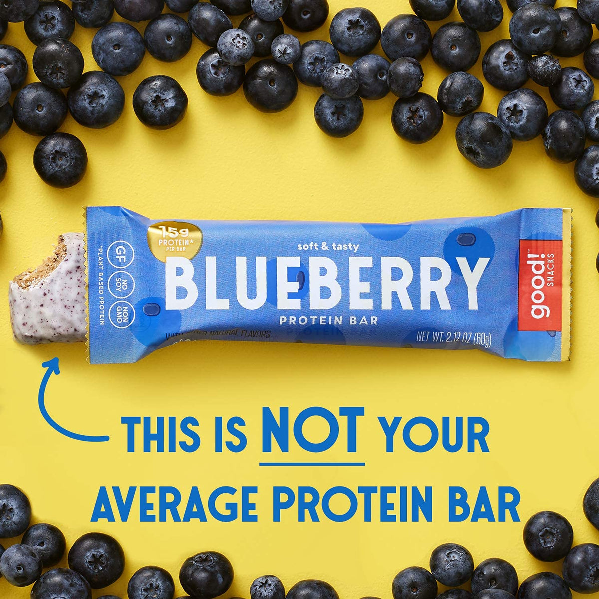 good! Snacks Blueberry Protein Bar nutrition label showing 15g protein per bar.
