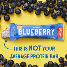 good! Snacks Blueberry Protein Bar nutrition label showing 15g protein per bar.