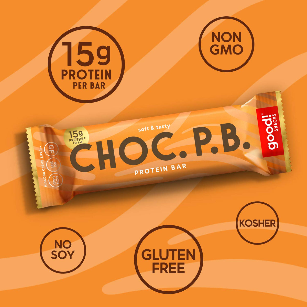 Good! Snacks Chocolate Peanut Butter Bar cross-section with coating and creamy center.