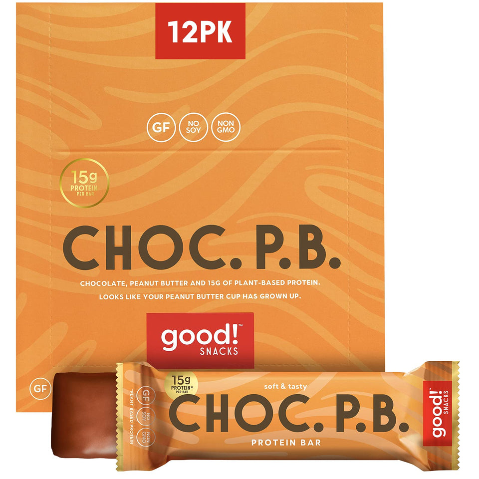 Good! Snacks Chocolate Peanut Butter Bar packaging for on-the-go vegan protein.