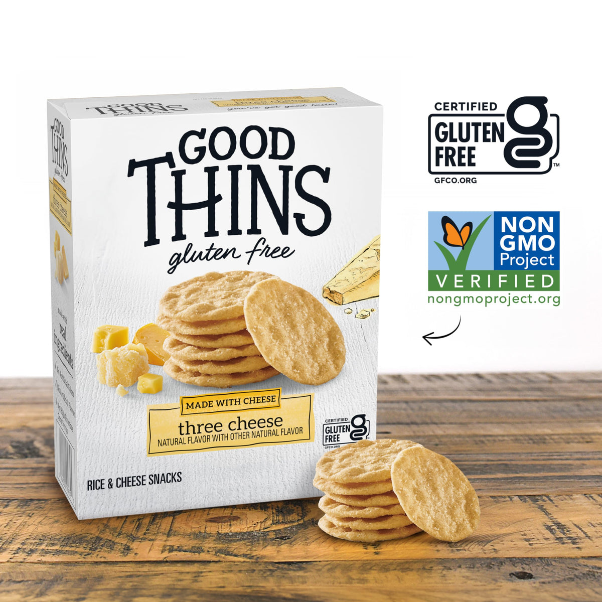 Close-up of Good Thins crackers, parmesan cheddar gouda and garlic aroma.