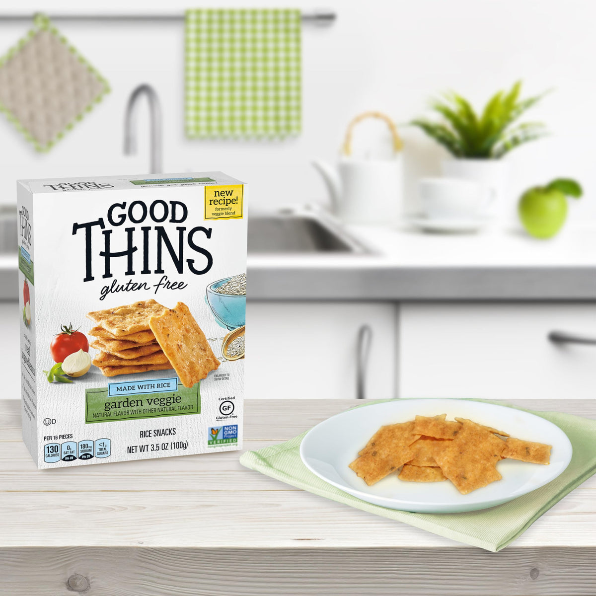 Good Thins Non-GMO verified crackers for everyday munching.