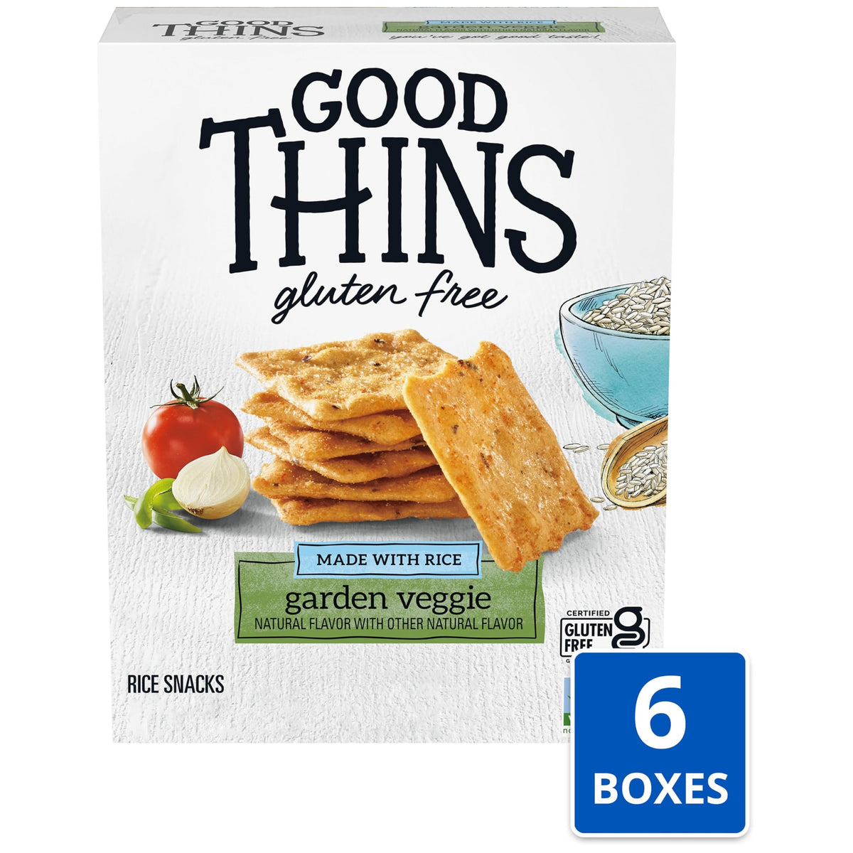 Crispy square crackers from Good Thins garden veggie line for on-the-go snacking.