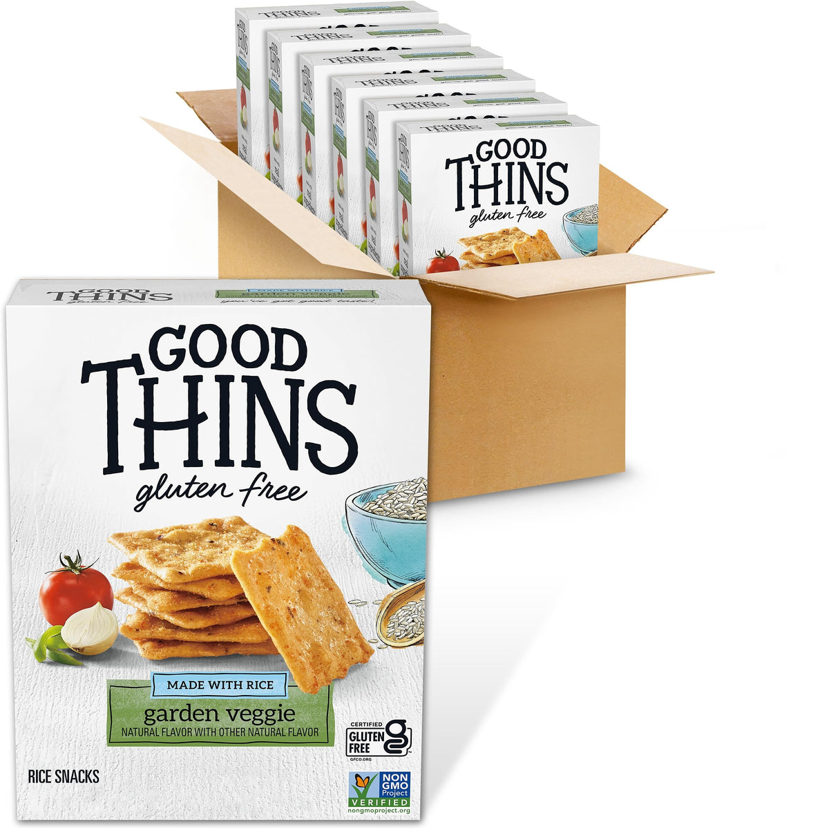 Good Thins Garden Veggie Rice Snacks packaging for bulk six-box pack.