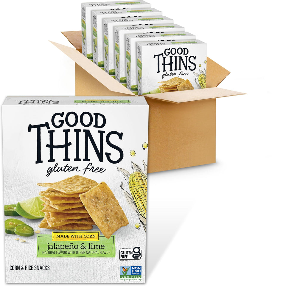 Good Thins jalapeño-lime packaging highlighting gluten-free bulk snacks for on-the-go.