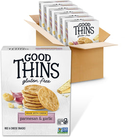 GOOD THINS packaging display of parmesan and garlic flavor for on-the-go snacking.