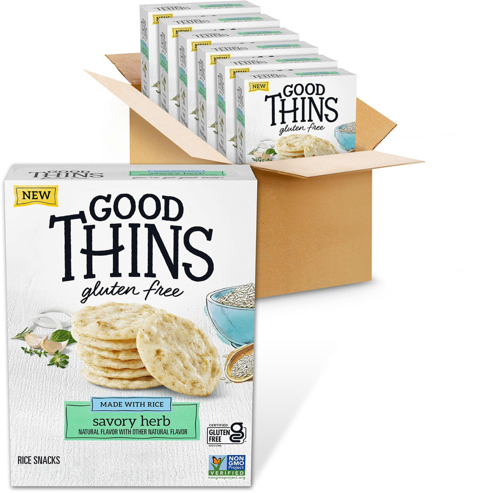 Good Thins Savory Herb Rice Snacks bulk box front for easy party snacking