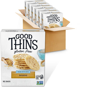Good Thins Sesame Rice Snacks box front showing gluten-free, crispy rounds