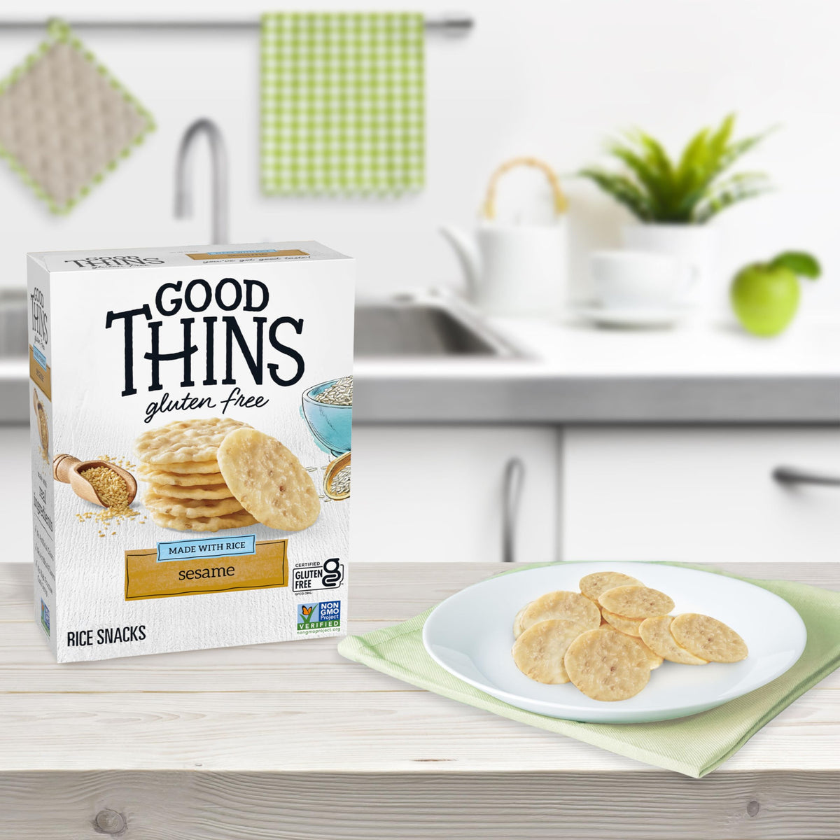 Good Thins Sesame Rice Snacks stacked crackers ideal for dips
