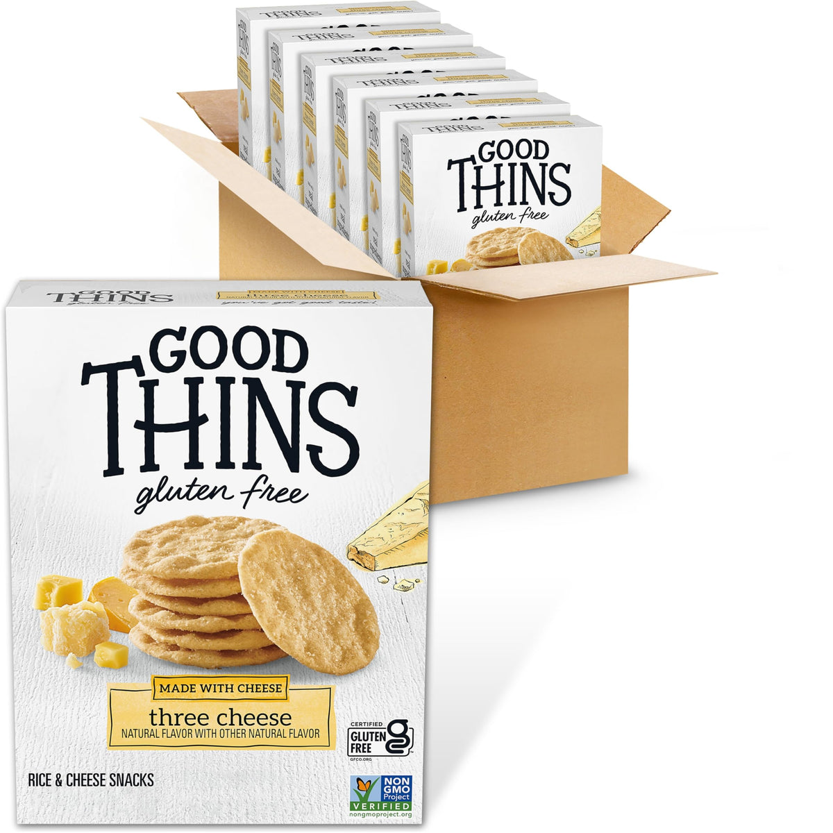 Good Thins Three Cheese Rice & Cheese Snacks box front with bulk six-box packaging.