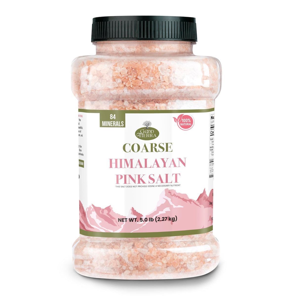 Good Tierra Himalayan pink salt coarse crystals in a jar for flavorful seasoning