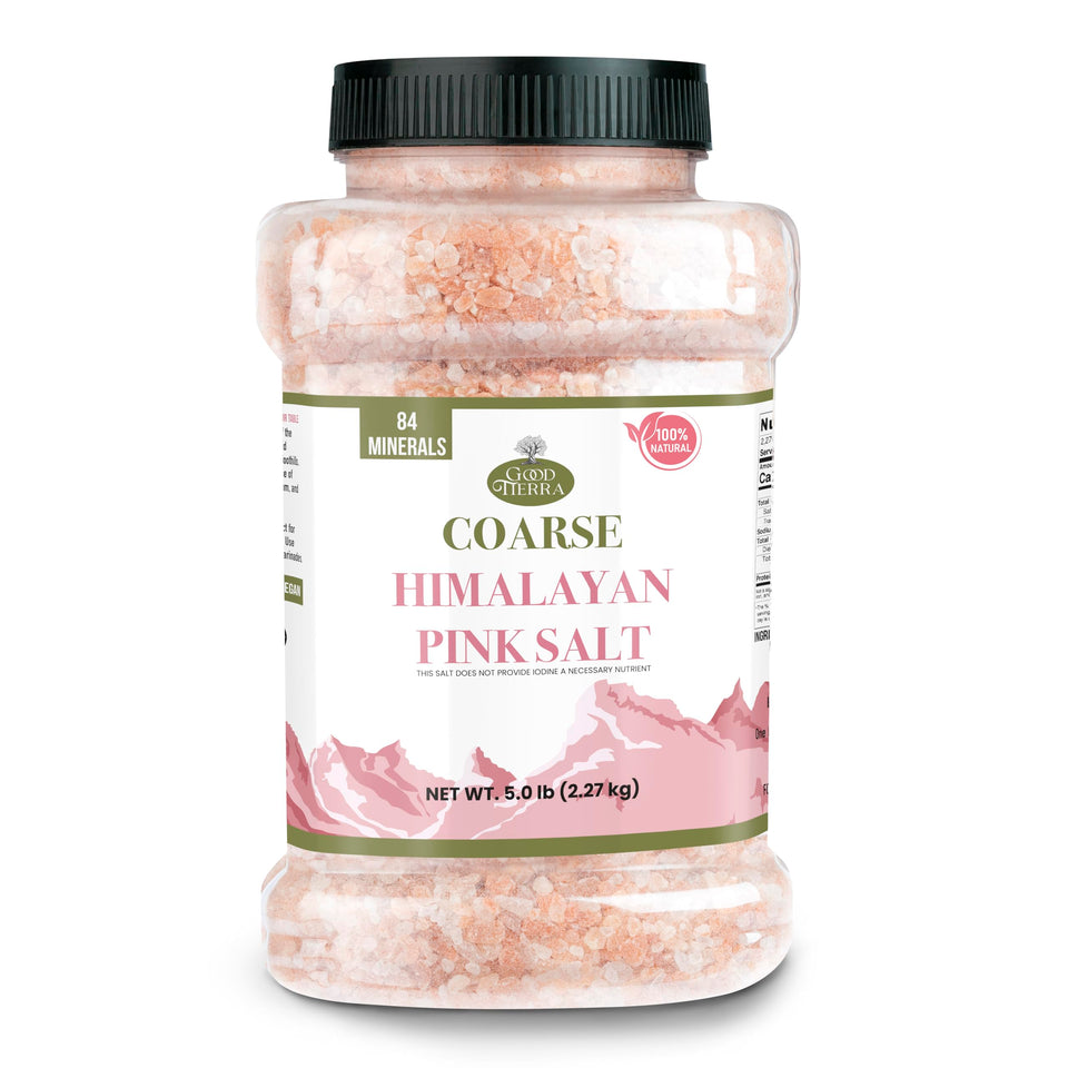 Good Tierra Himalayan pink salt coarse crystals in a jar for flavorful seasoning