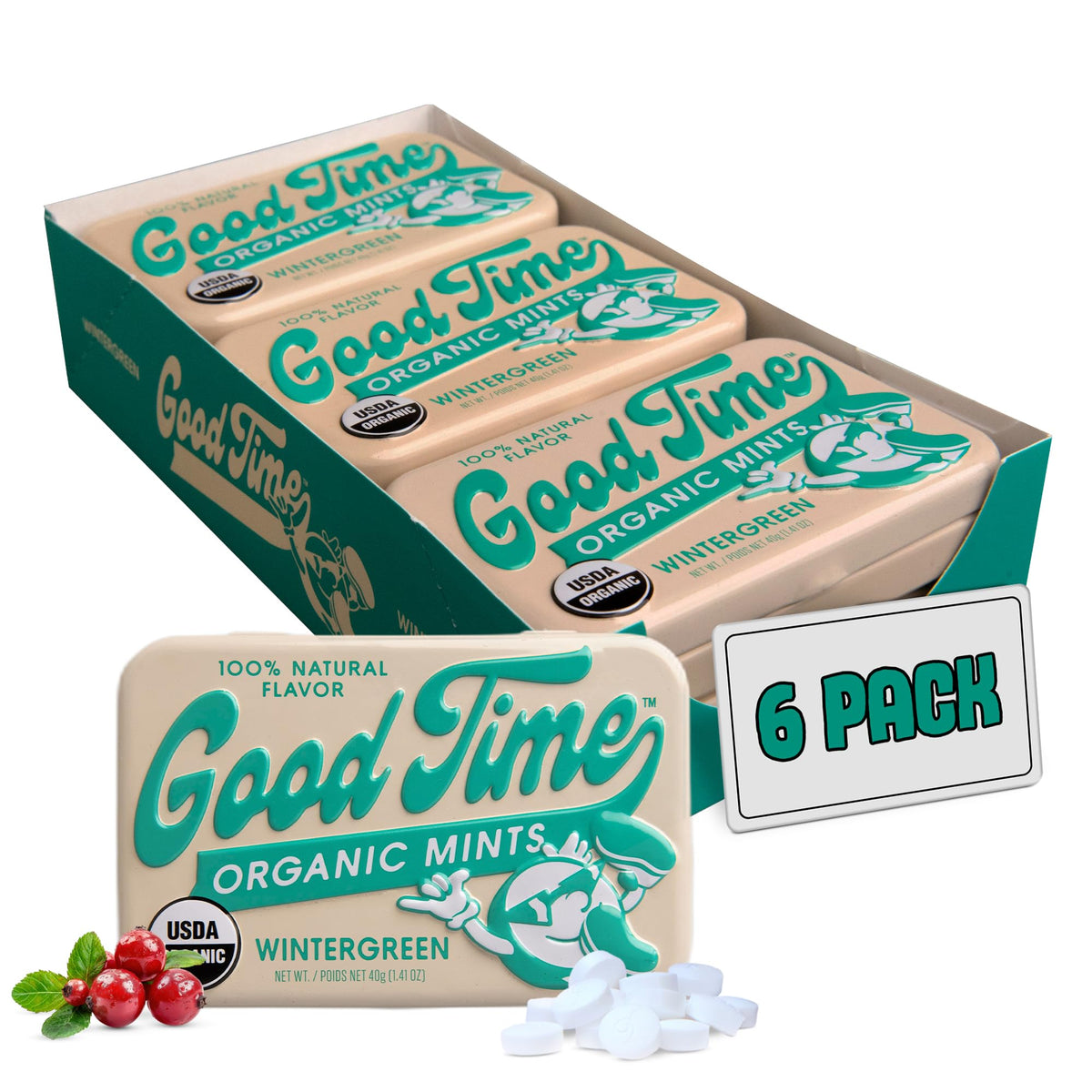 Good Time Organic Mints Wintergreen front tin shows compact packaging for fresh breath on the go