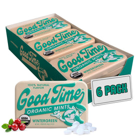 Good Time Organic Mints Wintergreen front tin shows compact packaging for fresh breath on the go
