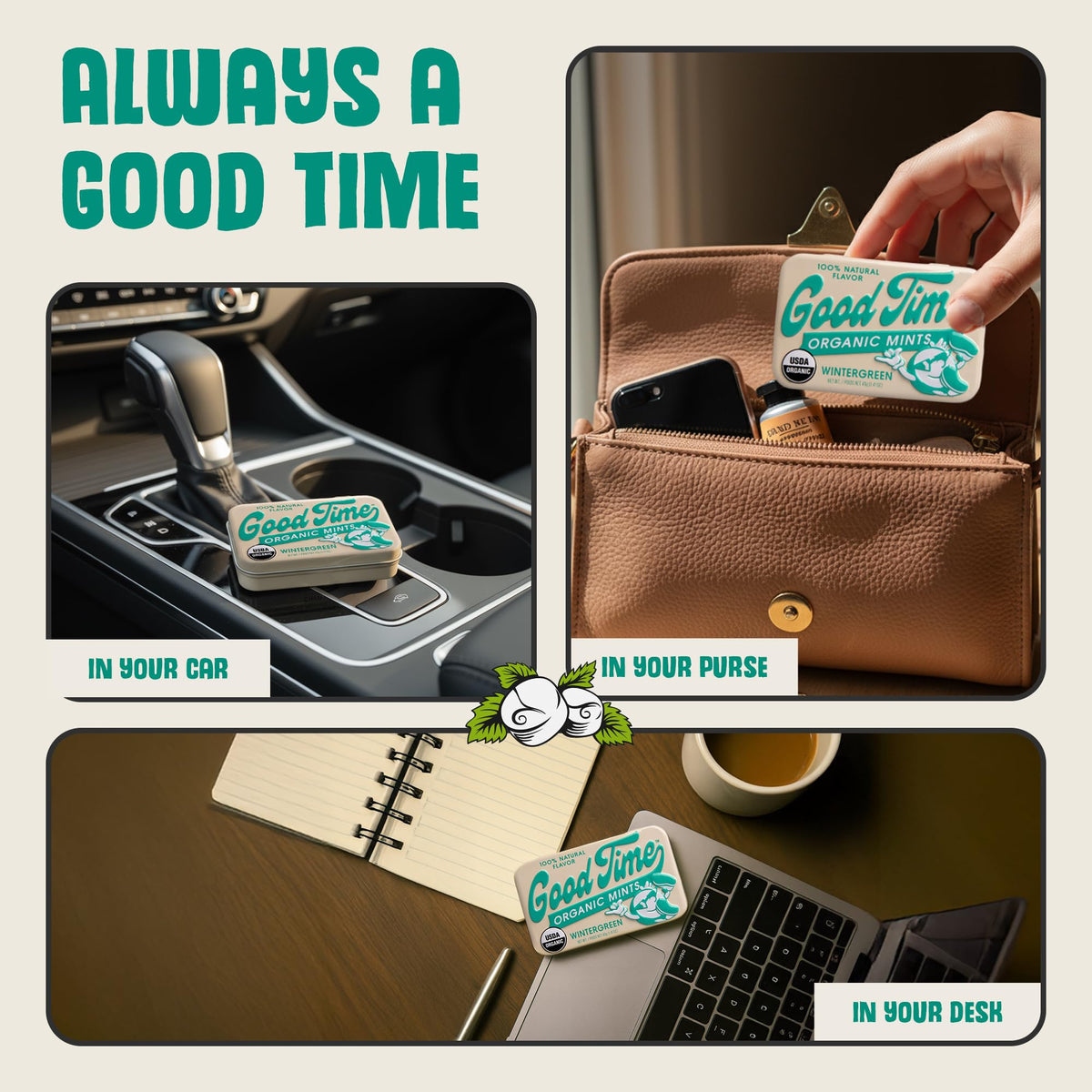Good Time Organic Mints Wintergreen ingredient label highlights organic cane sugar and natural flavors