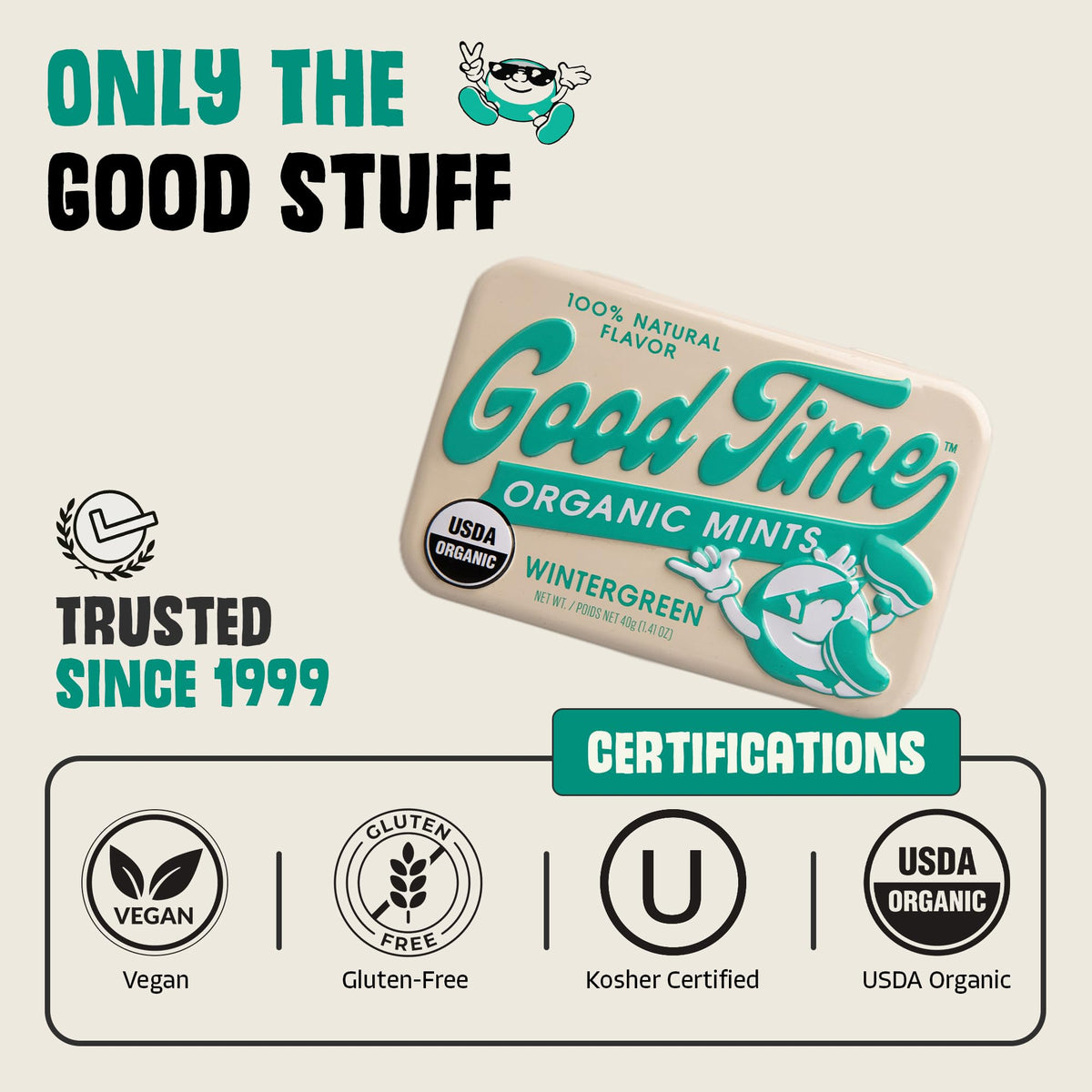 Good Time Organic Mints Wintergreen pack reveals neatly arranged mints delivering lasting wintergreen aroma
