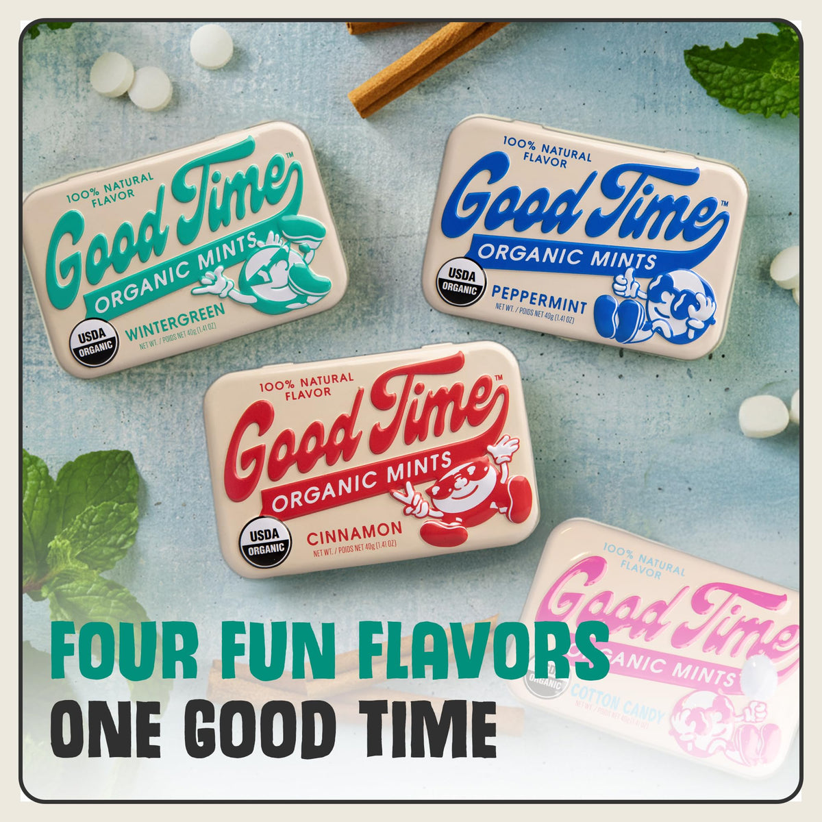 Good Time Organic Mints Wintergreen six-tin pack for home, office, or travel