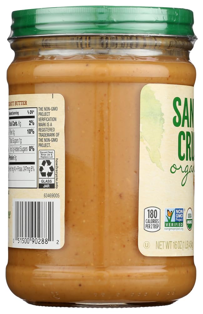 Three-pack Santa Cruz peanut butter on display, convenient for family snacking.