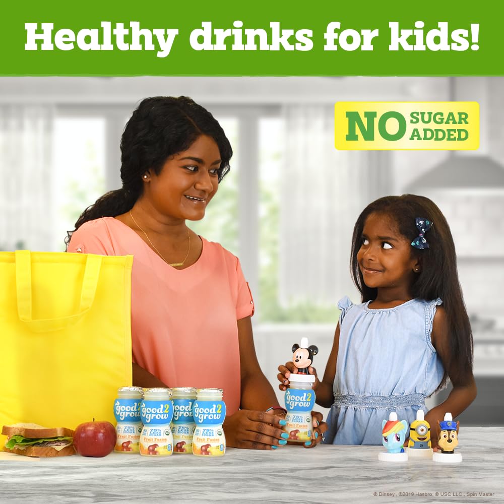 Good2Grow No Added Sugar bottle highlighting organic juice with 75% less sugar.