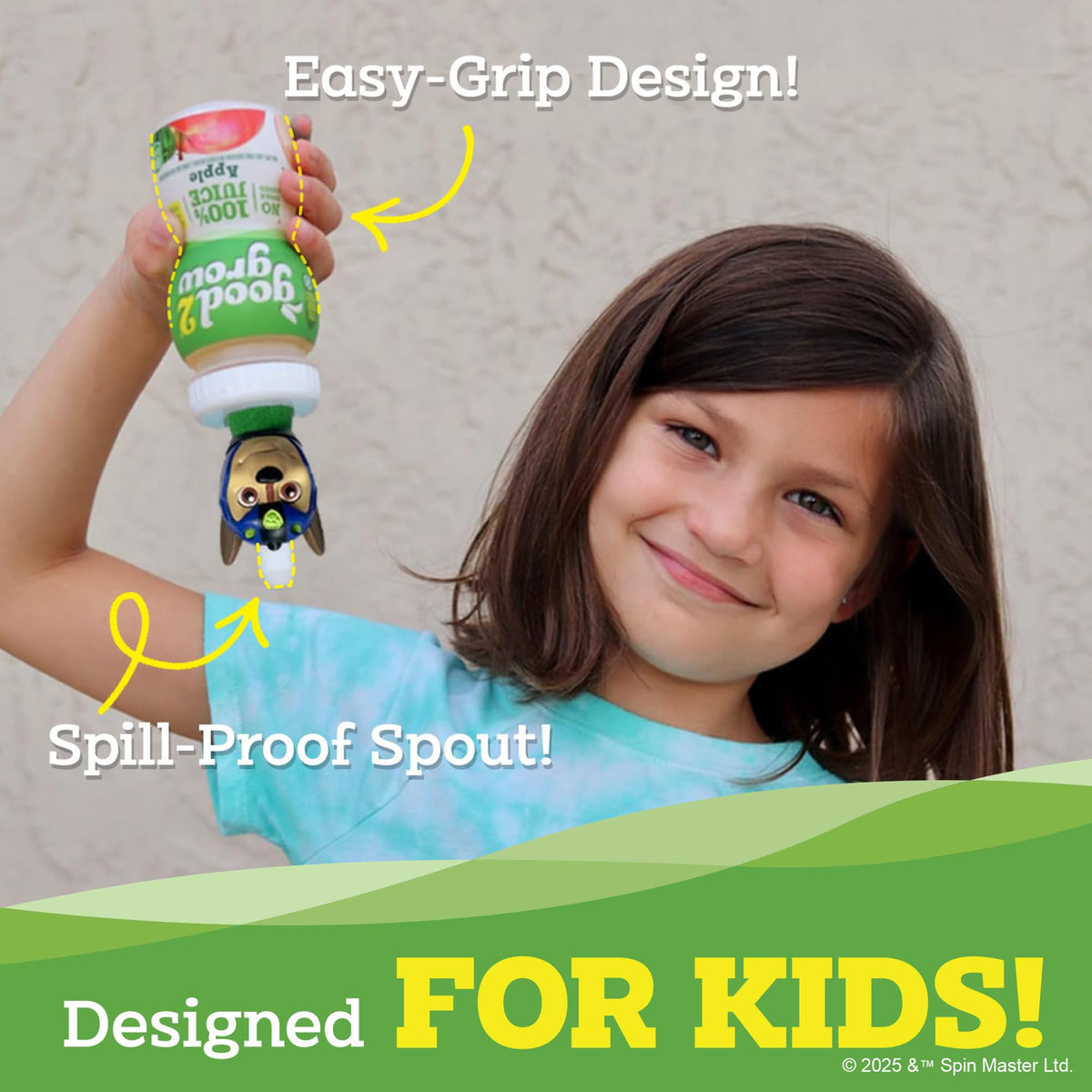 Spill-proof top on good2grow bottle reduces mess during transport