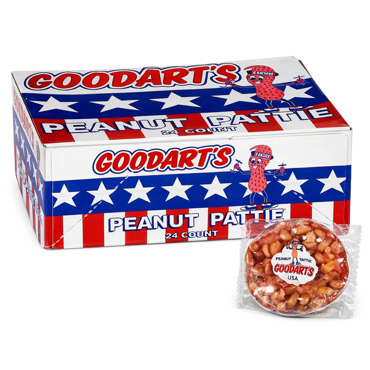 Goodart's Peanut Pattie 24-count pack front view for convenient snacking.