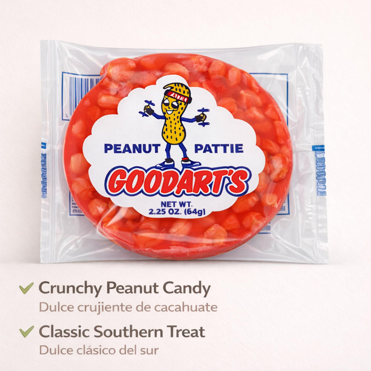 Goodart's Peanut Pattie single-serving package in hand for on-the-go use.