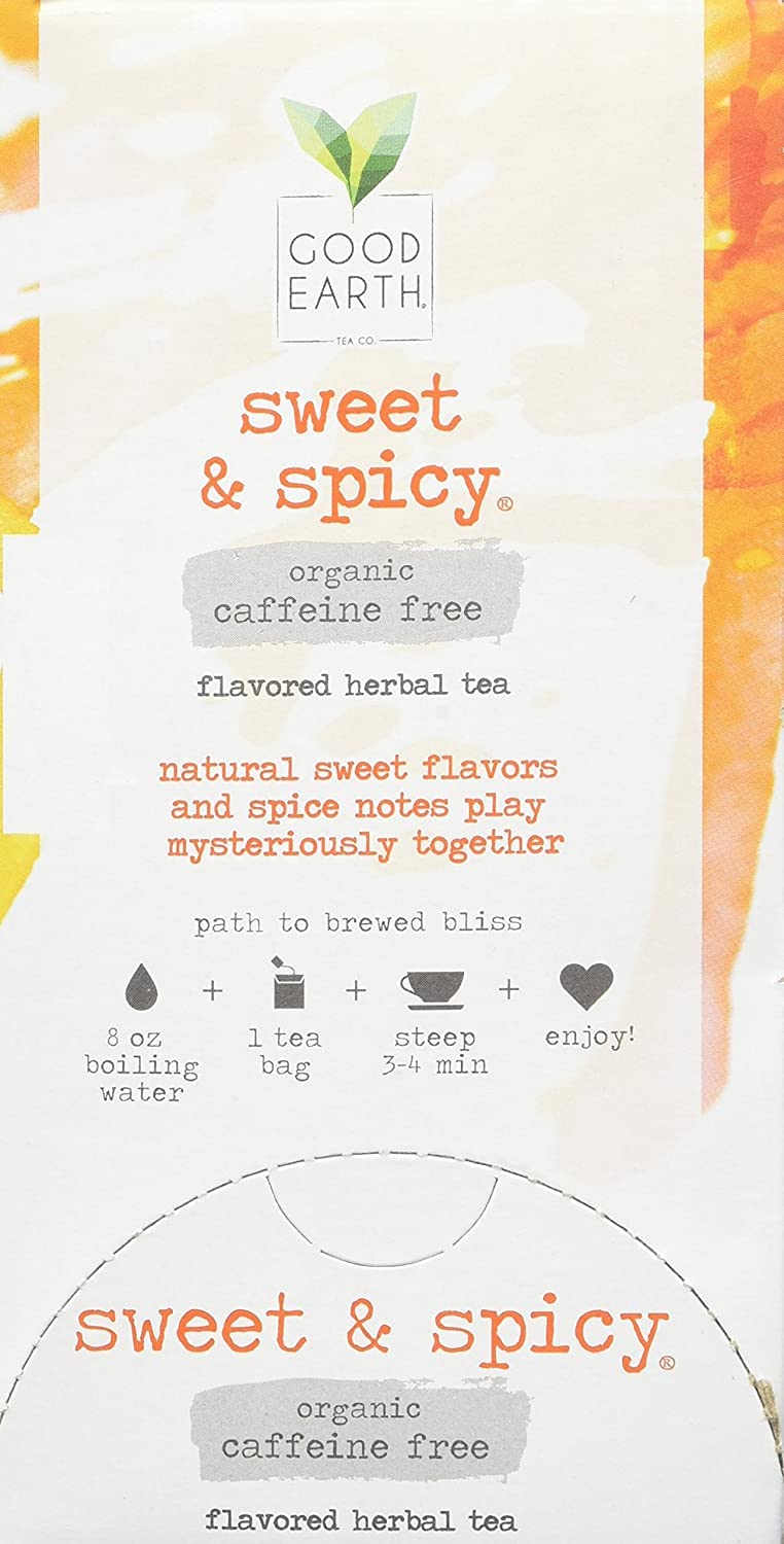 Good Earth Tea Co. Caffeine-free herbal blend in packaging for quick brew.