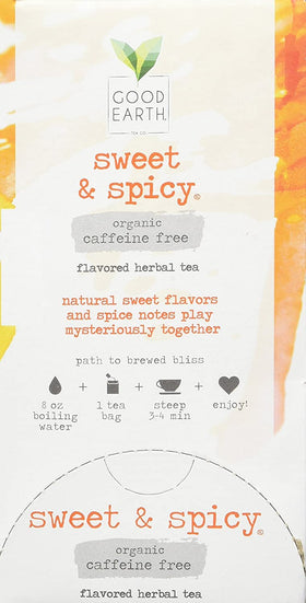 Good Earth Tea Co. Caffeine-free herbal blend in packaging for quick brew.