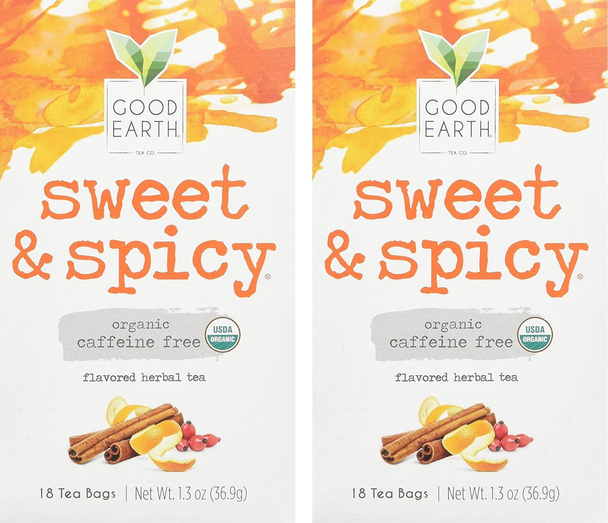Good Earth Tea Co. Sweet and Spicy herbal tea bags in a pack for caffeine-free evenings.