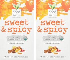 Good Earth Tea Co. Sweet and Spicy herbal tea bags in a pack for caffeine-free evenings.