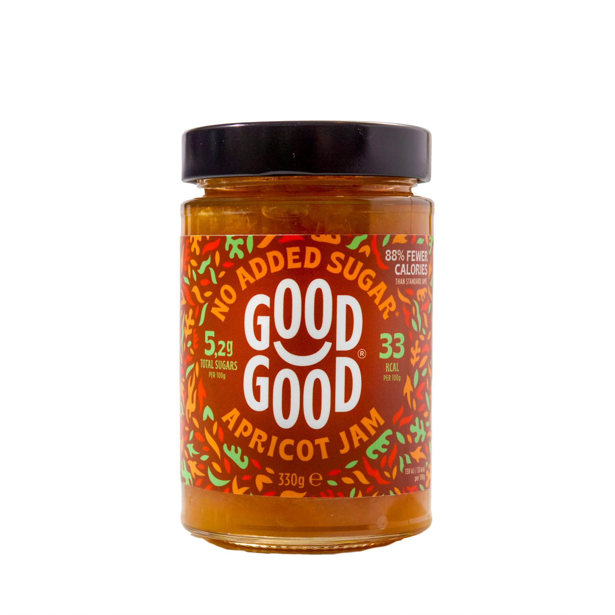 GOOD GOOD Apricot Jam jar-front highlights no added sugar for keto-friendly snacking.
