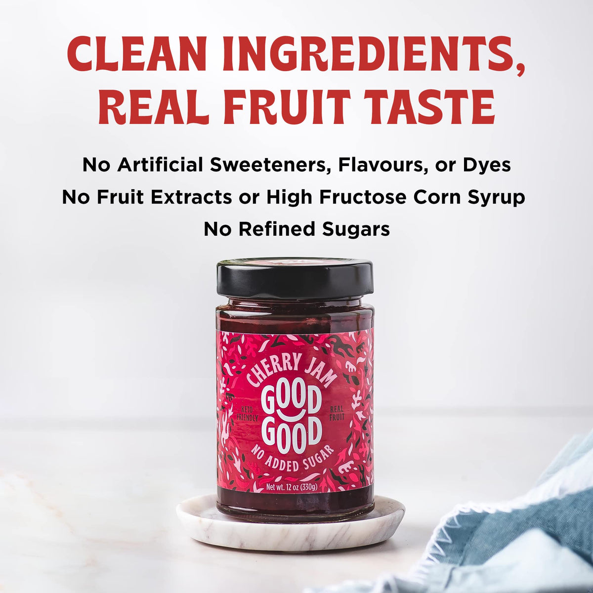 Good Good Cherry Jam close-up reveals deep cherry flavor ideal for desserts.