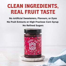Good Good Cherry Jam close-up reveals deep cherry flavor ideal for desserts.