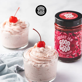 Good Good Cherry Jam topping on cheesecake showcases indulgent cherry sweetness with fewer added sugars.
