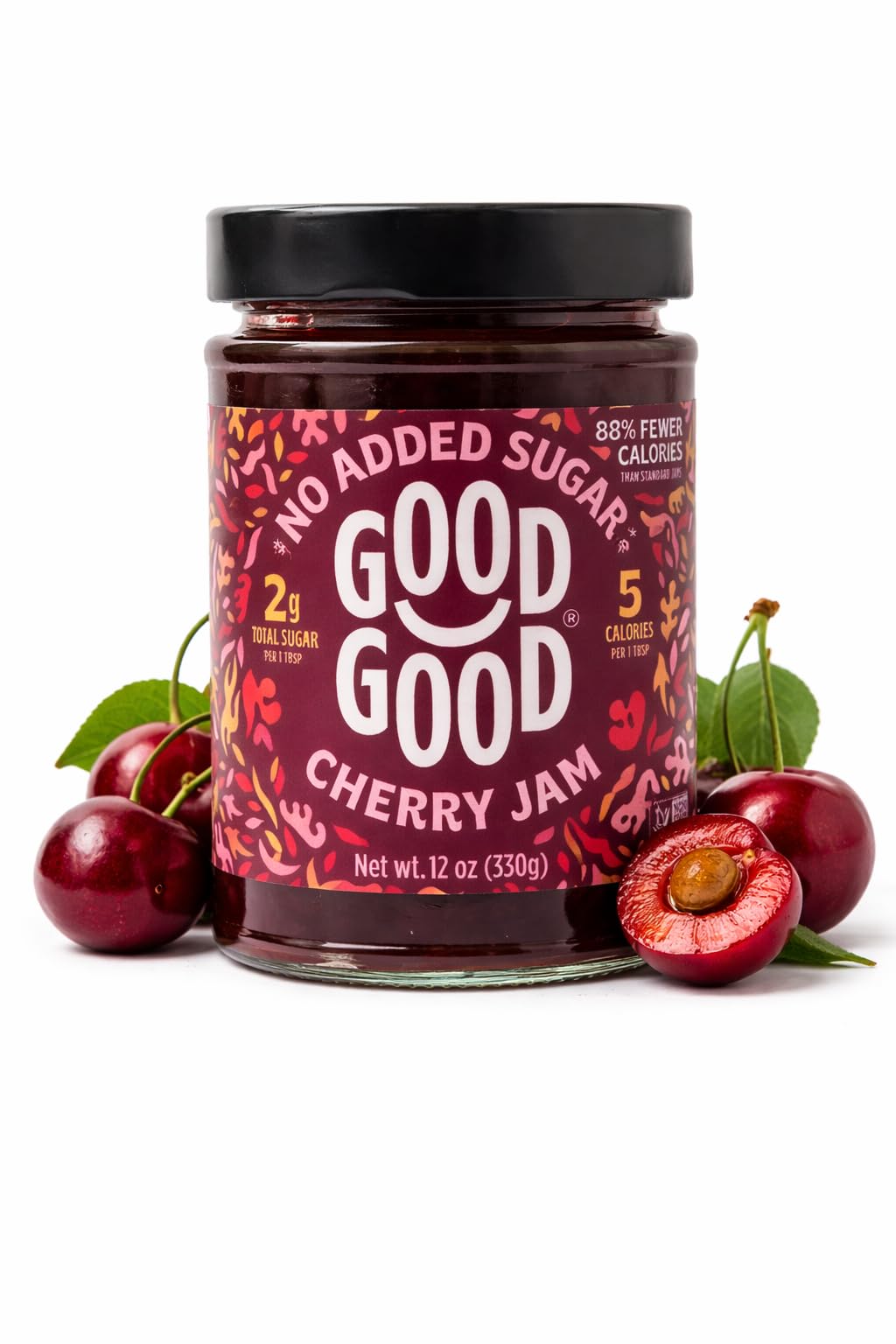 Good Good Cherry Jam jar showcases no added sugar for keto-friendly diets.