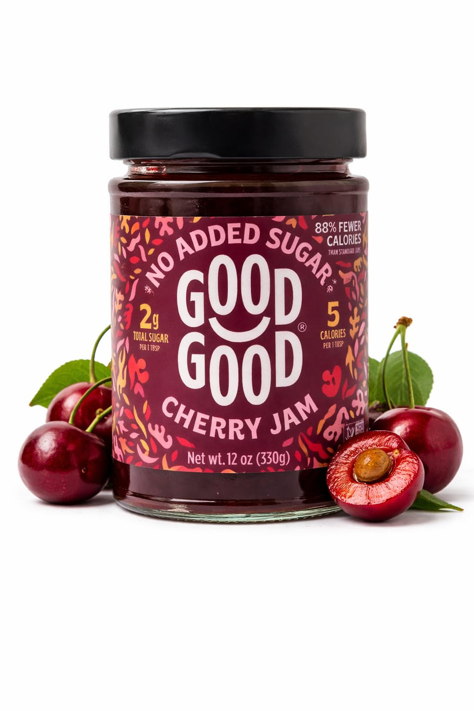 Good Good Cherry Jam jar showcases no added sugar for keto-friendly diets.