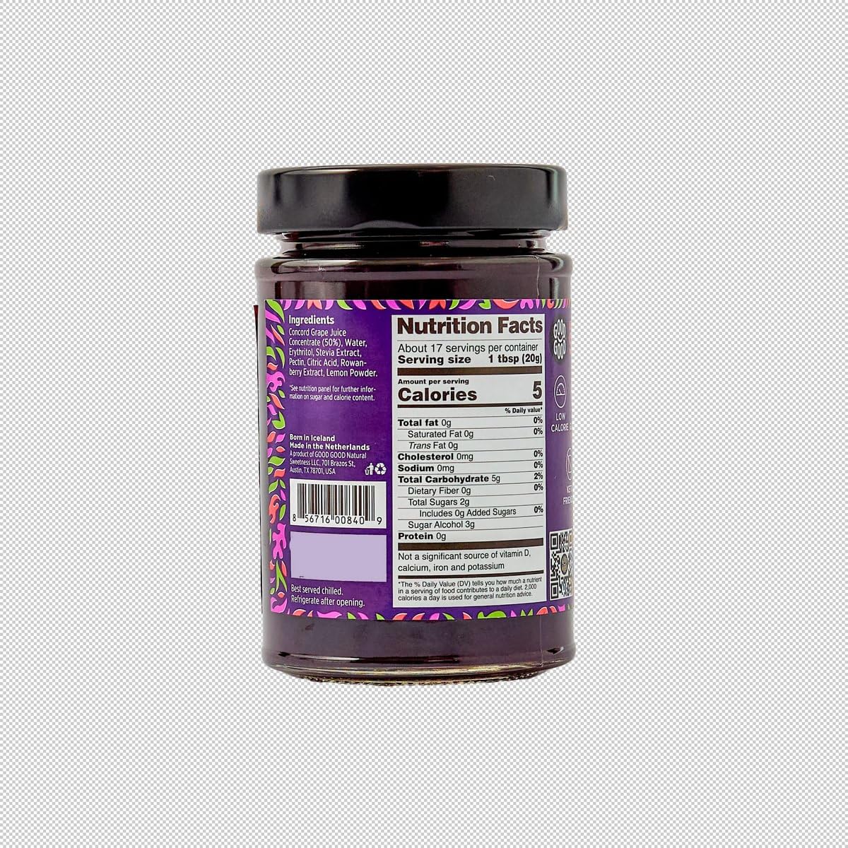 Good Good Concord Grape Jam jar back notes keto-friendly and gluten-free features.