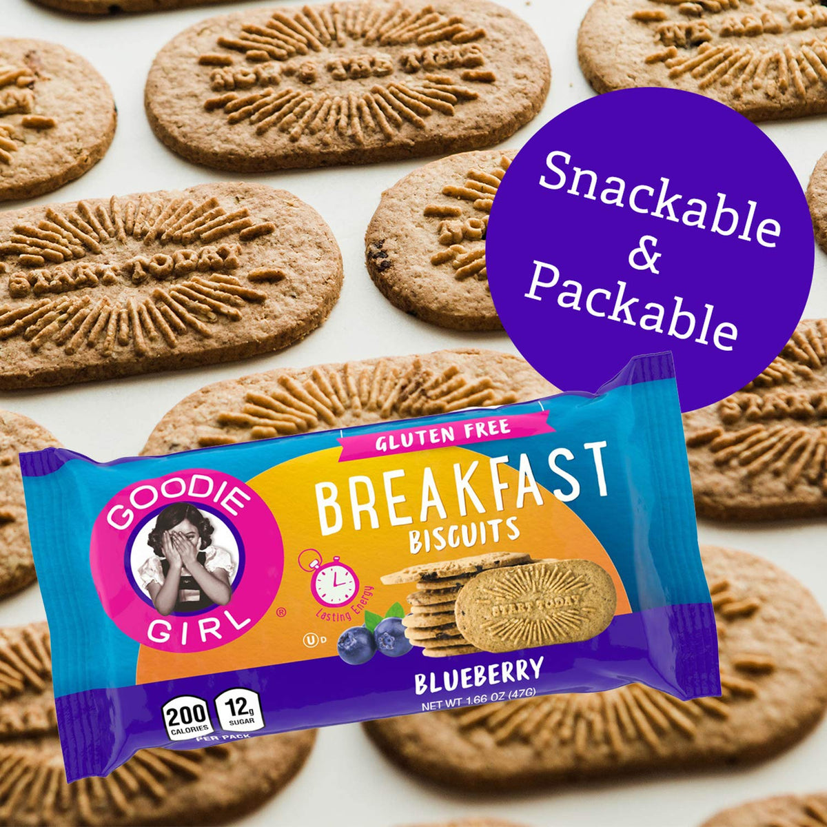 Goodie Girl Blueberry Breakfast Biscuits gluten-free and peanut-free for dietary needs.