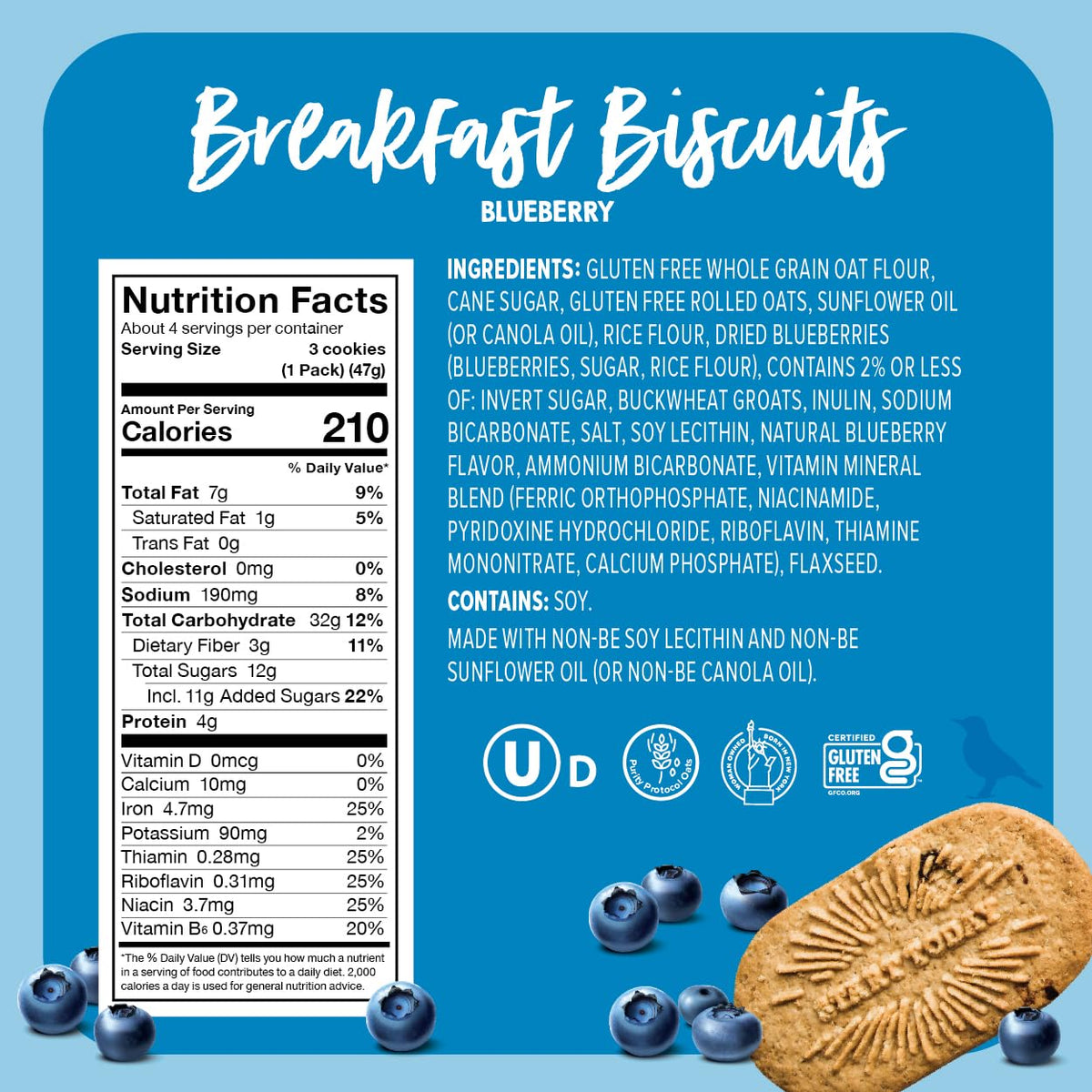 Goodie Girl Blueberry Breakfast Biscuits open box showing three biscuits per pack.