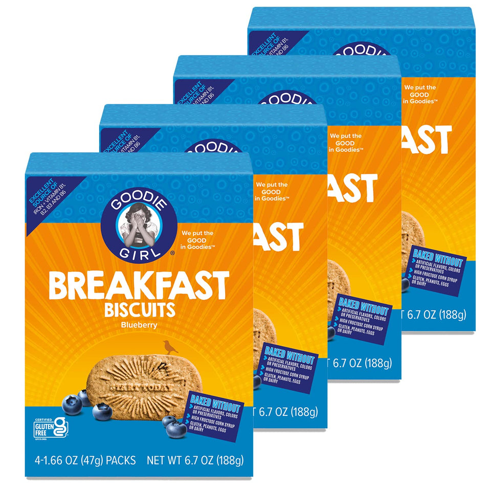 Goodie Girl Blueberry Breakfast Biscuits pack for gluten-free on-the-go mornings.