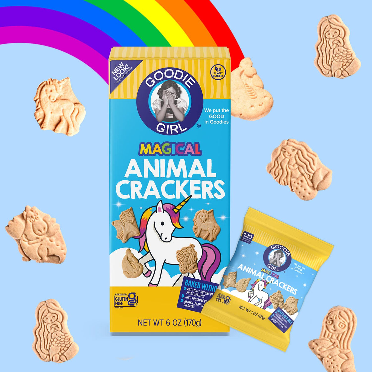 Goodie Girl Magical Animal Crackers dolphin shapes, egg-free bite for school snacks.