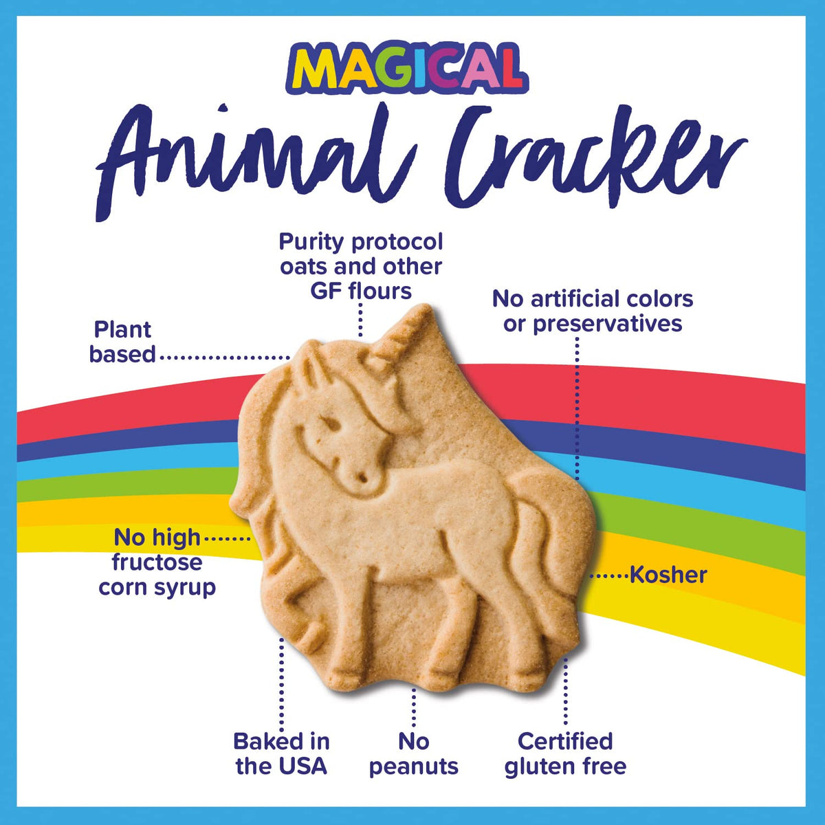 Goodie Girl Magical Animal Crackers mermaid shapes, dairy-free option for allergy-friendly snacks.