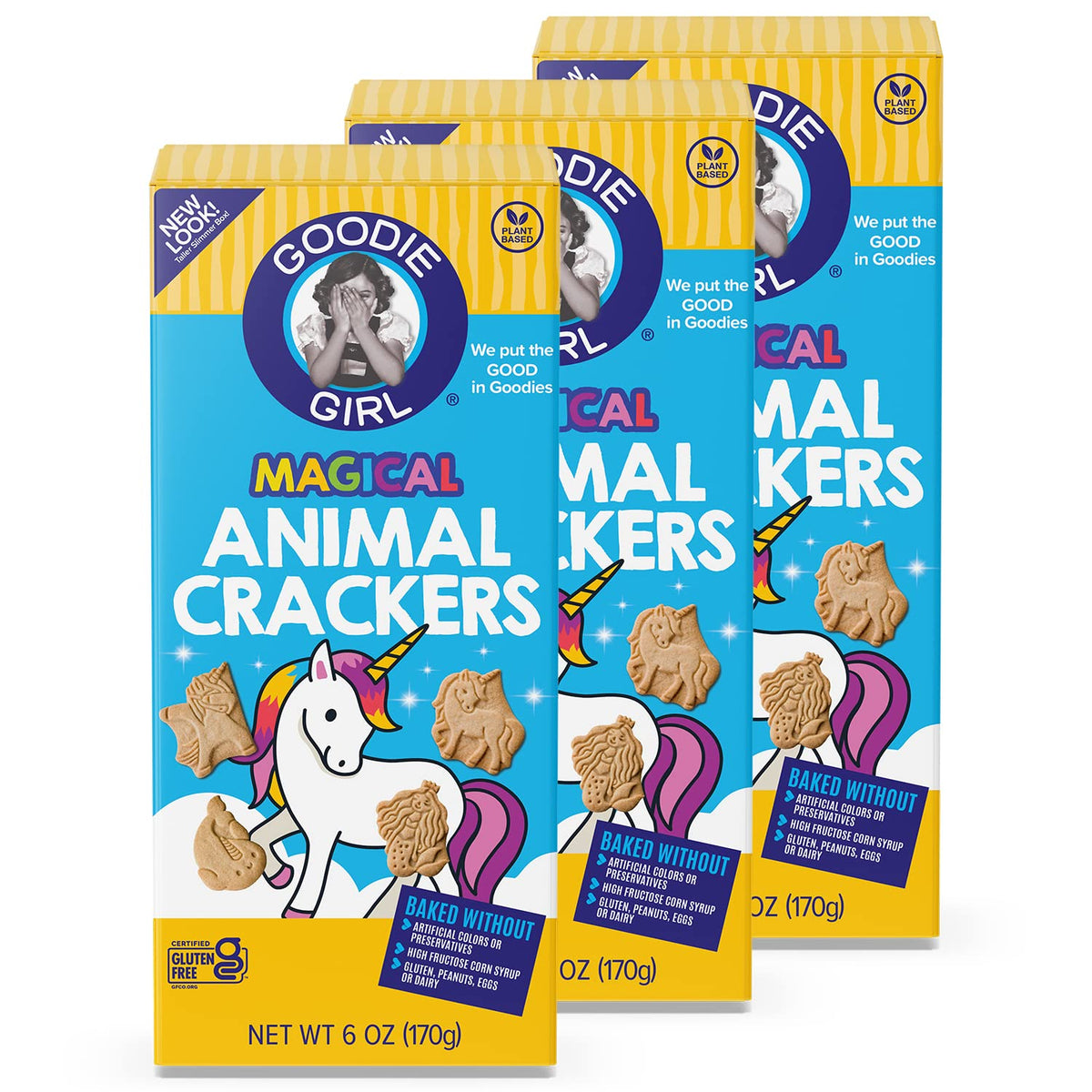 Goodie Girl Magical Animal Crackers unicorn shapes, gluten-free snack for kids.