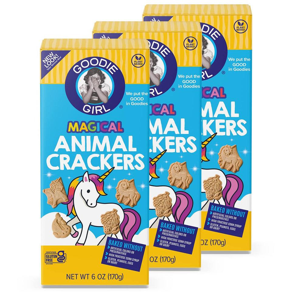 Goodie Girl Magical Animal Crackers unicorn shapes, gluten-free snack for kids.